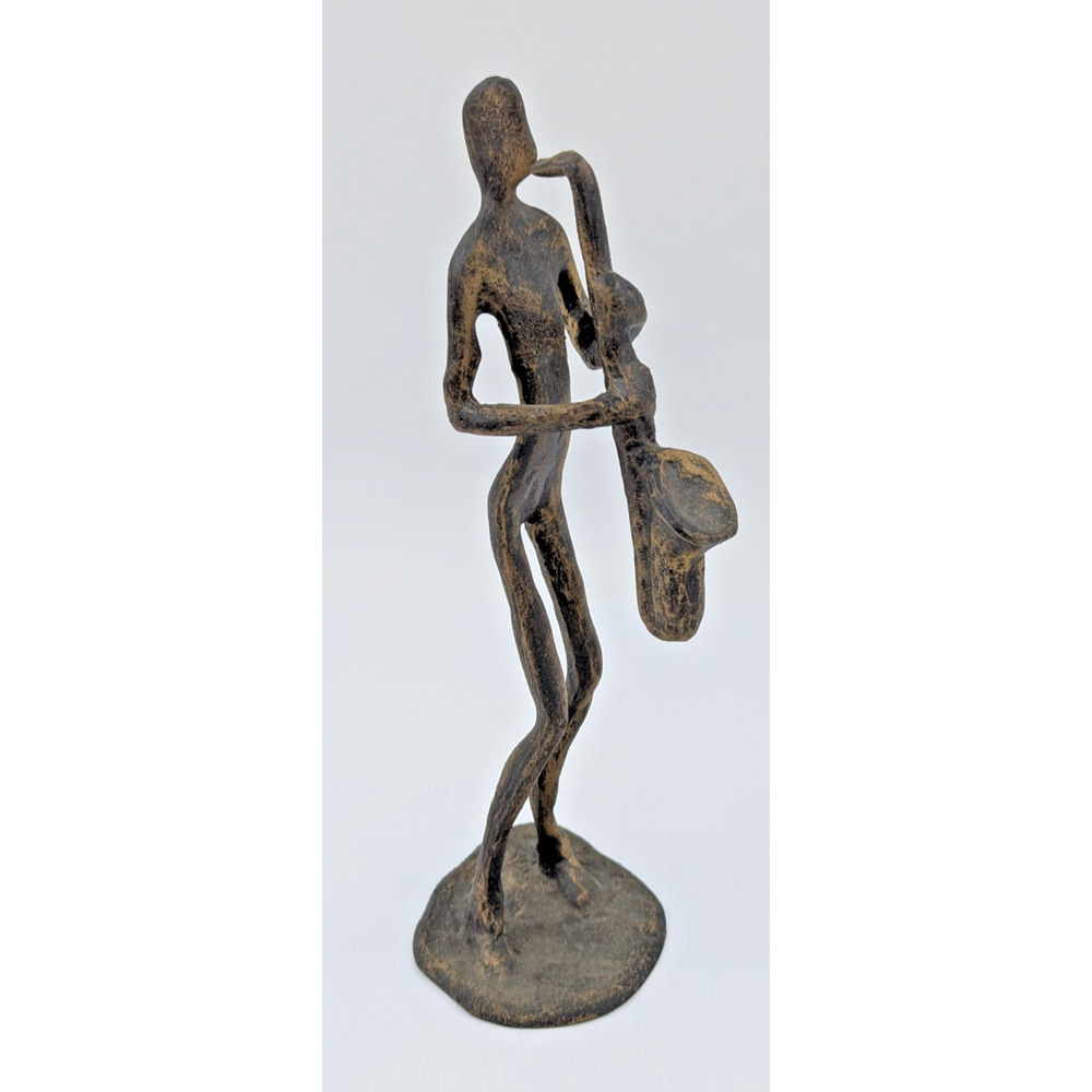 Vintage Brutalist Cast Metal Sculpture Saxophone Player Figure Statue 9”